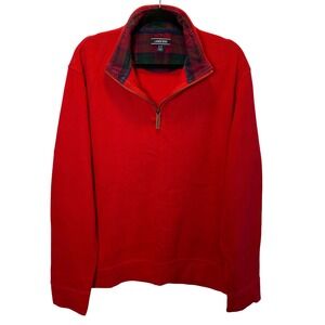 Lands'‎ End Men's Long Sleeve Quarter Zip Pullover Sweater L T Red Plaid Collar